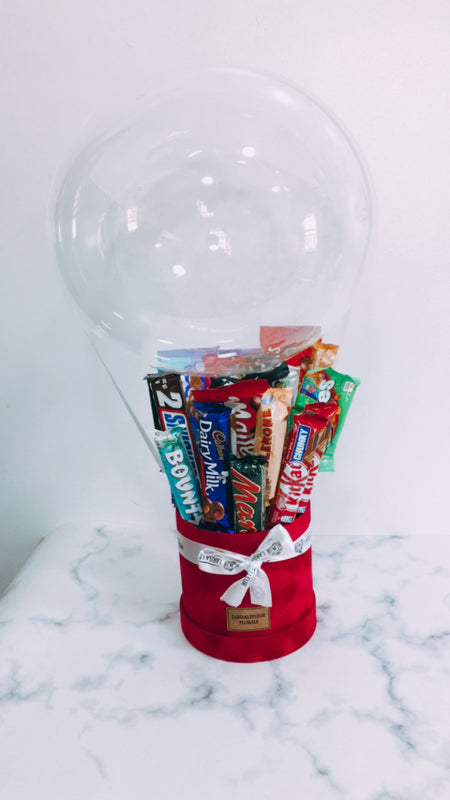 ROUND VELVET SMALL BOX OF MIXED CHOCOLATES AND CLEAR BALLONS