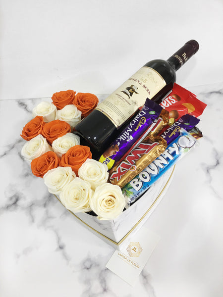 14 ETERNITY ROSES WITH MIXED CHOCOLATES AND RED WINE