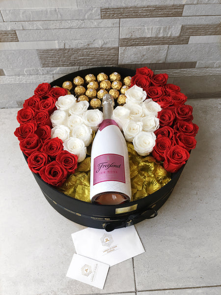 LARGE BOX OF ROSES, WINE AND FERRERO