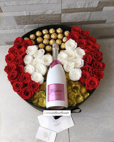 LARGE BOX OF ROSES, WINE AND FERRERO